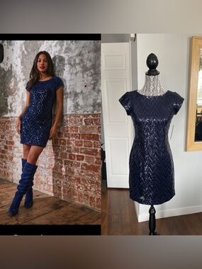 NWT Sequin Shift Party Dress. Stretchy. Satin Lined. Navy and Black. Size 2